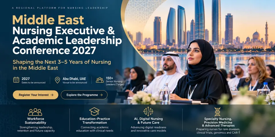 Middle East Nursing Executive and Academic Leadership Conference 2027 visual featuring Abu Dhabi, nursing leaders and four strategic pillars